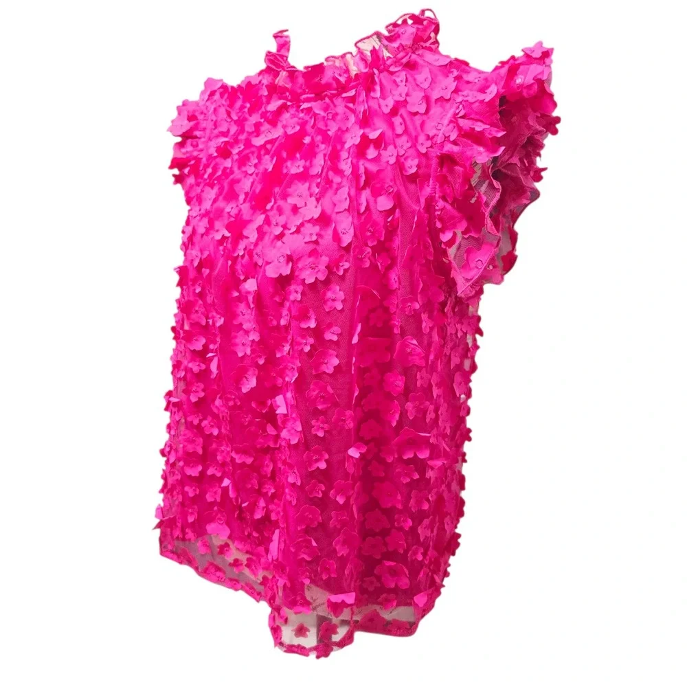 Eva Franco Vixen Top in Orchid Petal Hot Pink 3D Floral Applique Ruffle Size‎ 4